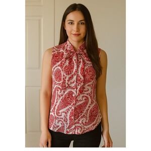 Tahari Womens Petite‎ M Blouse Shirt Red Sleeveless Neck Tie Button Up